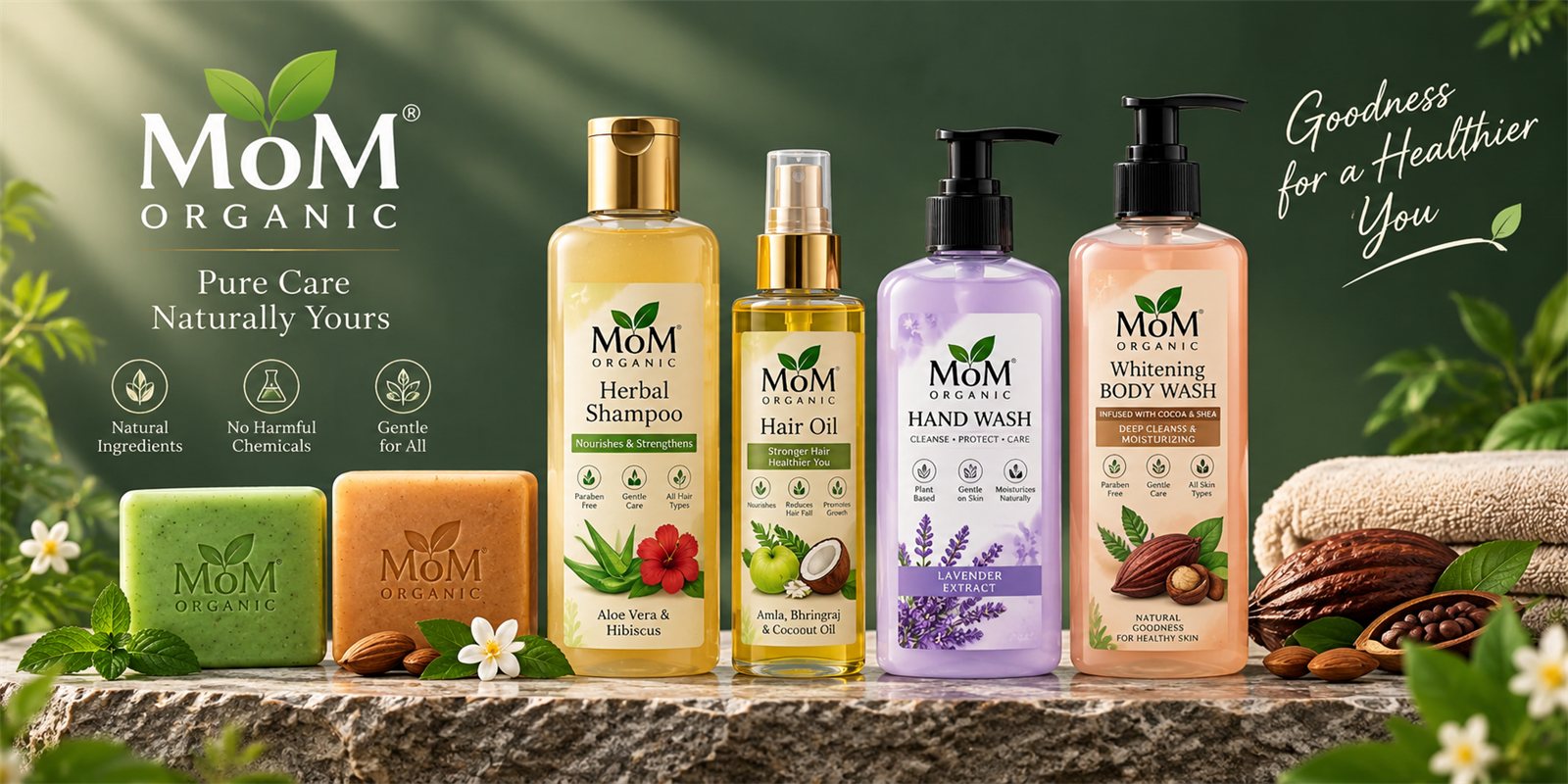 MoM Organic product range — herbal shampoo, hair oil, hand wash, whitening body wash and handmade soap bars